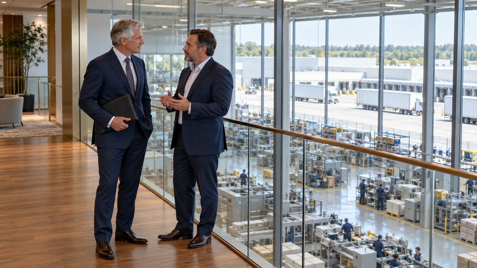 Illustrative enterprise owner and adviser overlooking manufacturing and logistics operations